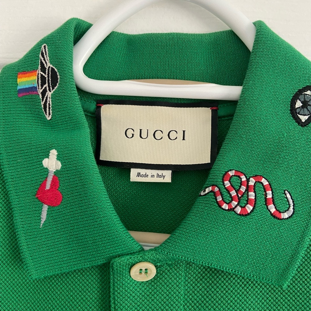 Brand New Gucci Green Polo Shirt with Embroidered Patches